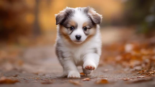 Autumn path explorer puppy trotting through golden leaves.