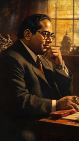 Formal portrait of seated man at desk in warm interior.