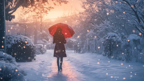 Solitary figure with red umbrella in glowing winter snowfall.
