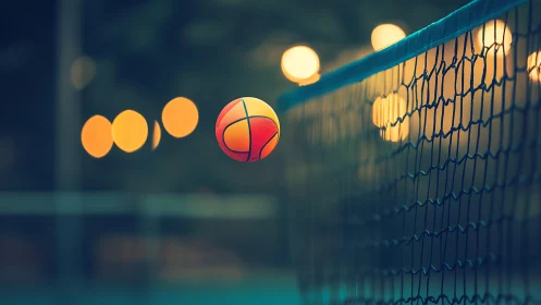 Low depth of field tennis net with airborne ball at dusk