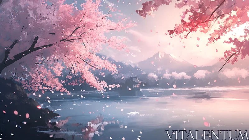 Serene lakeside shrine framed by luminous cherry blossoms.