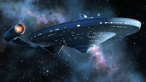 Starship with saucer hull traverses deep interstellar space