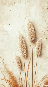 Dry grass stems stand vertically against textured surface