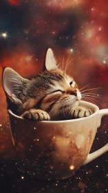 Cozy Kitten Nestled in Cosmic Mug with Warm Starlight Glow