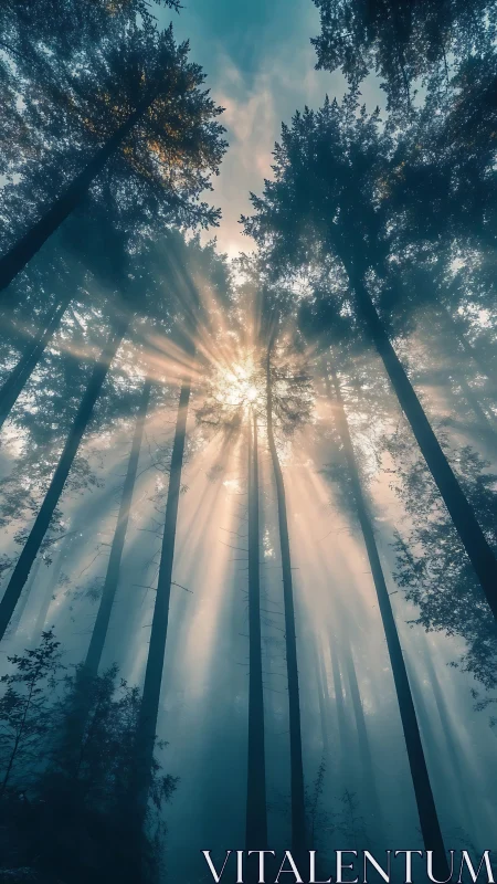 Sunlight Piercing Through Tall Forest Canopy