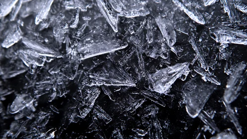 Macro crystalline ice shards in high-contrast abstraction.