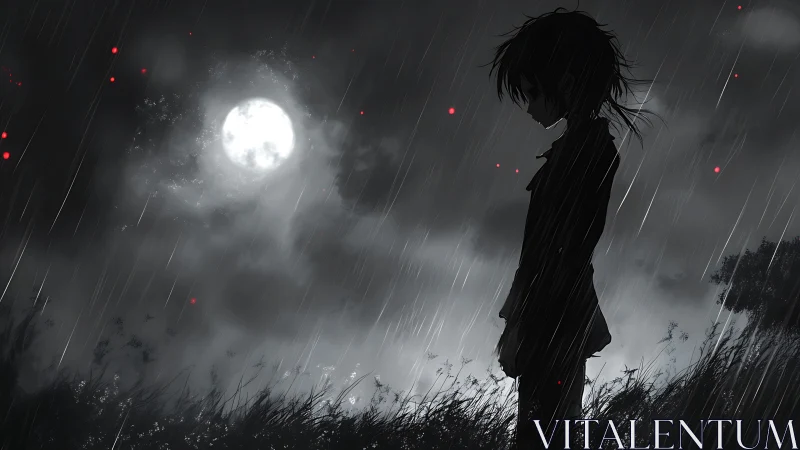Solitary anime figure stands in moonlit rain of quiet sorrow