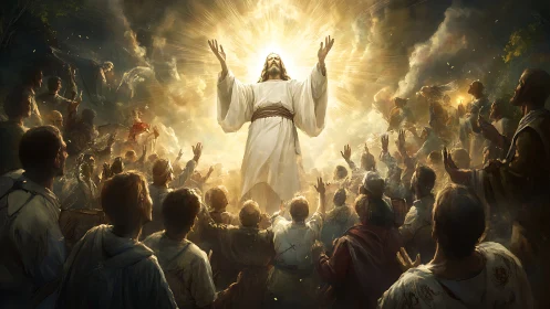 Radiant messianic ascension amid worshippers and golden light.
