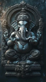 Intricate stone relief of seated Ganesha with ornate frame.