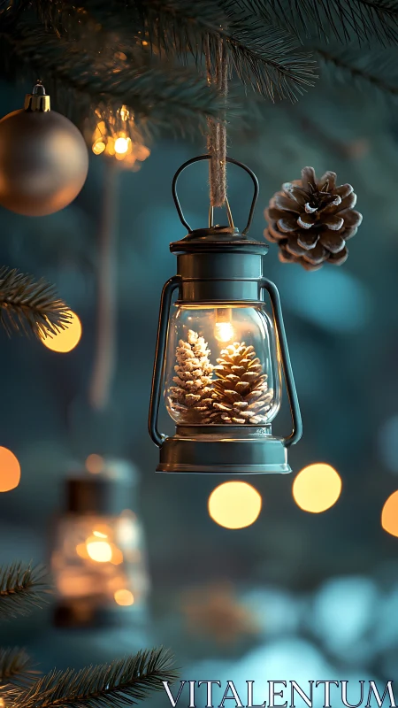 Lantern ornament with pinecones hangs among blurred holiday lights