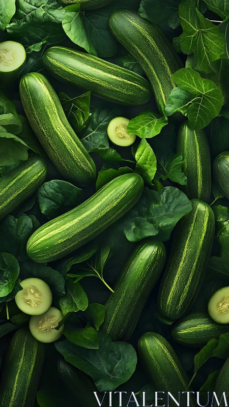 Whole cucumbers and leaves arranged in dense green pattern.