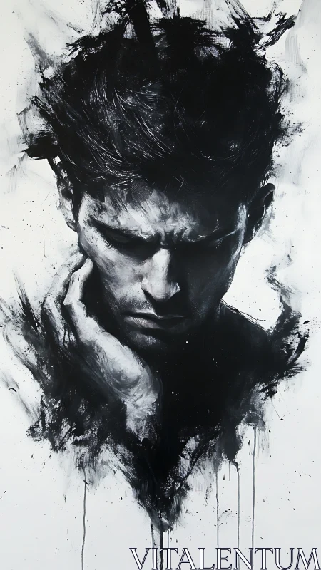 Brooding male portrait dissolves into expressive ink strokes