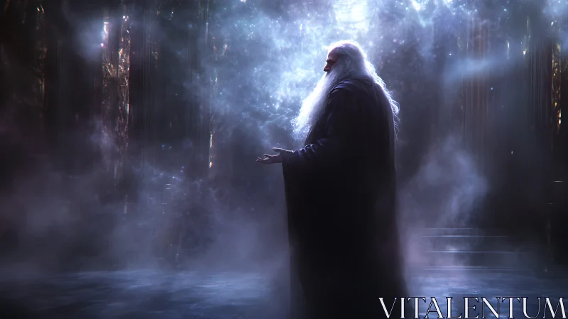 Elder robed figure in misty chamber under diffuse light.