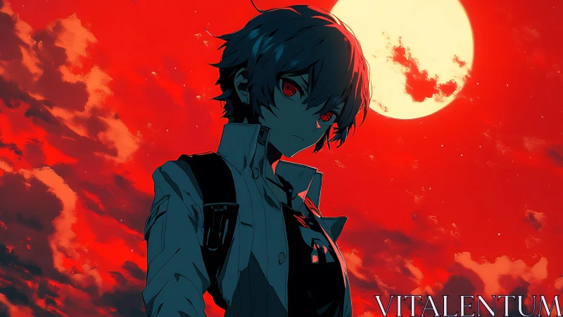Stoic anime boy under intense red moonlit sky.