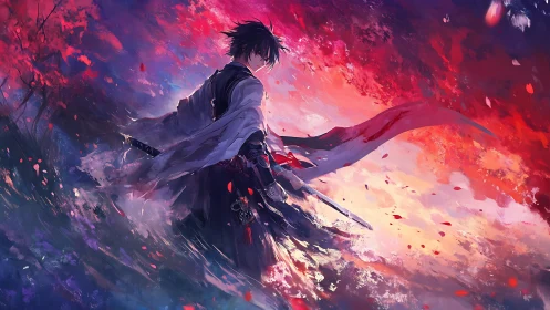 Samurai silhouette cuts through abstract crimson storm light