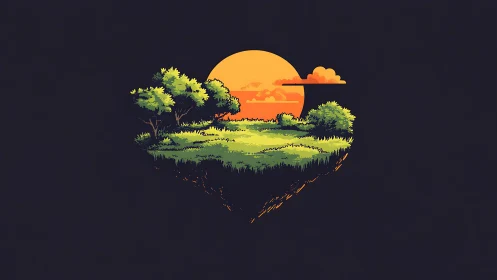 Floating meadow island under bold graphic sunset glow.