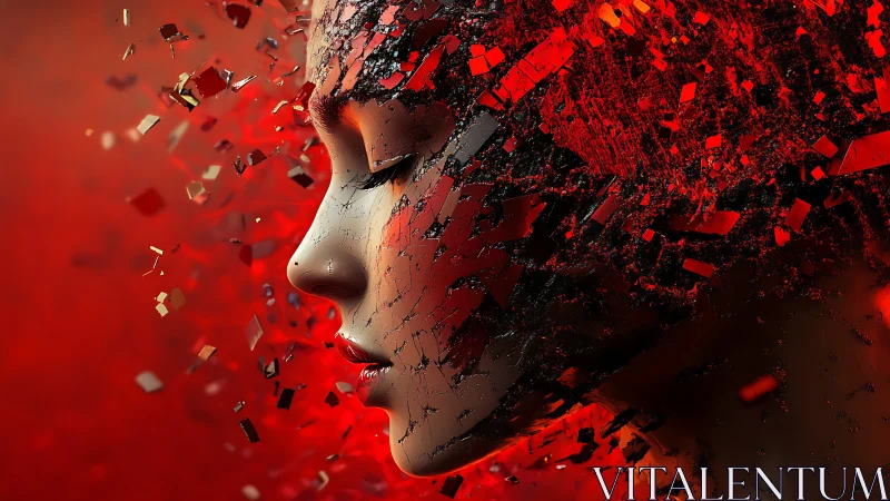 Shattered red portrait captures dissolving digital human face