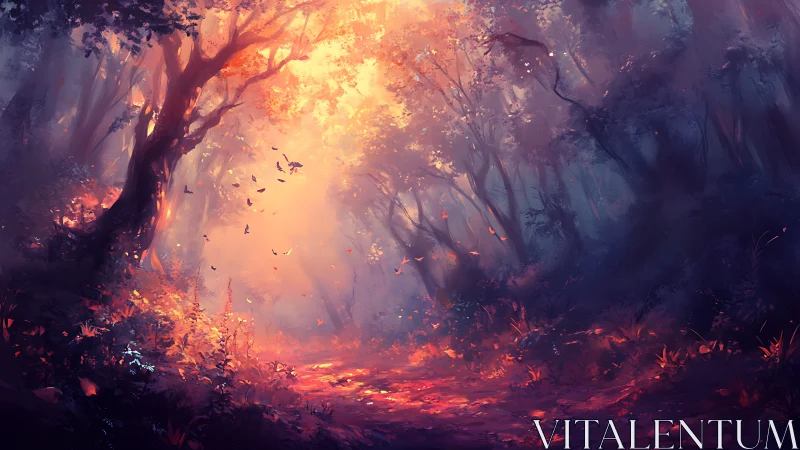 Forest inferno with volumetric light rays, glowing canopy, airborne particles, digital rendering