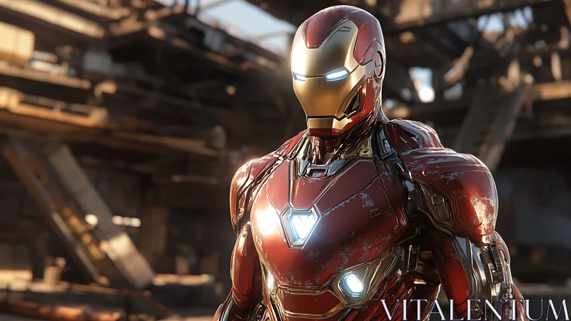 Armored red guardian glowing amid junkyard dusk light.