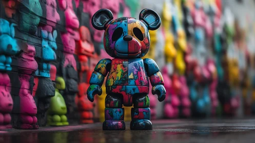 Pop art vinyl bear sculpture against chromatic wall installation.