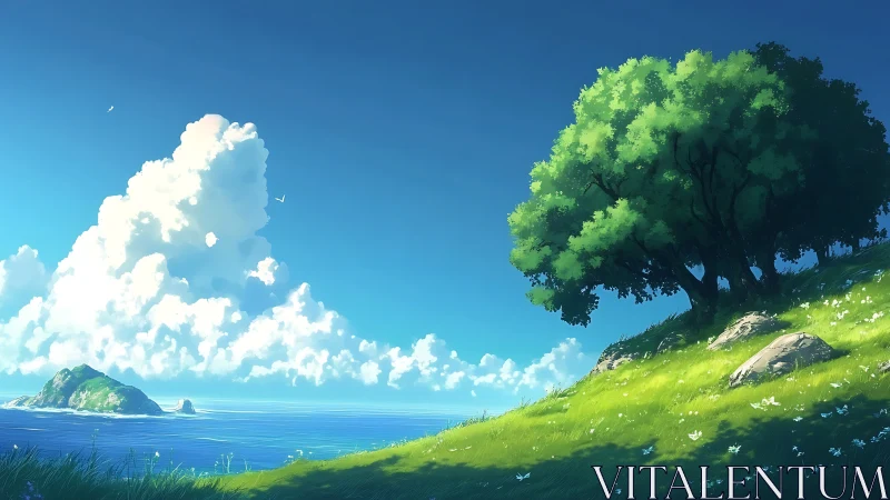 Rendered landscape composition with tree, hillside, and coastal vista