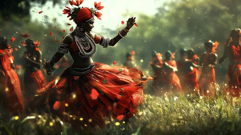 Dancer in red dress leading group in sunlit outdoor field.