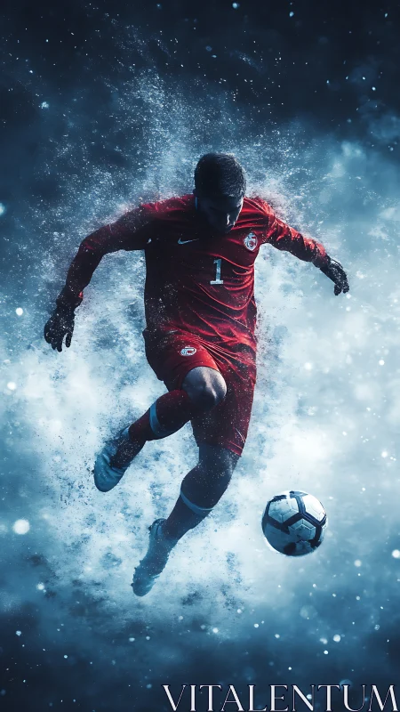 Dynamic soccer player in red kit exploding through mist.