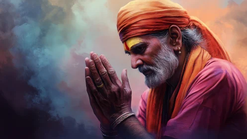 Elderly devotee in prayerful gesture, warm bokeh clouds backdrop