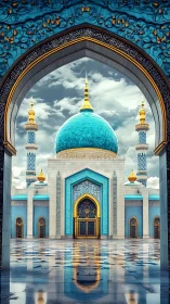Domed mosque courtyard is framed by ornate pointed archway