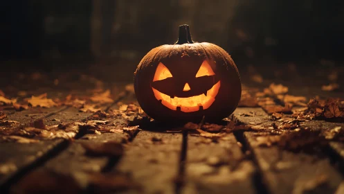 Glowing jack o lantern smiles warmly on a leaf strewn path