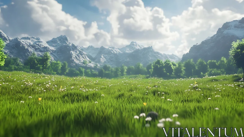 Sunlit alpine meadow stretching toward distant snow peaks.