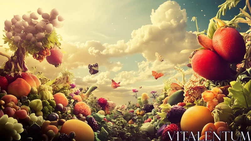 Surreal fruit landscape with floating butterflies and sky.
