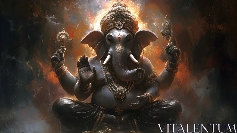 Divine Ganesha idol in luminous bronze-orange aura rendering.