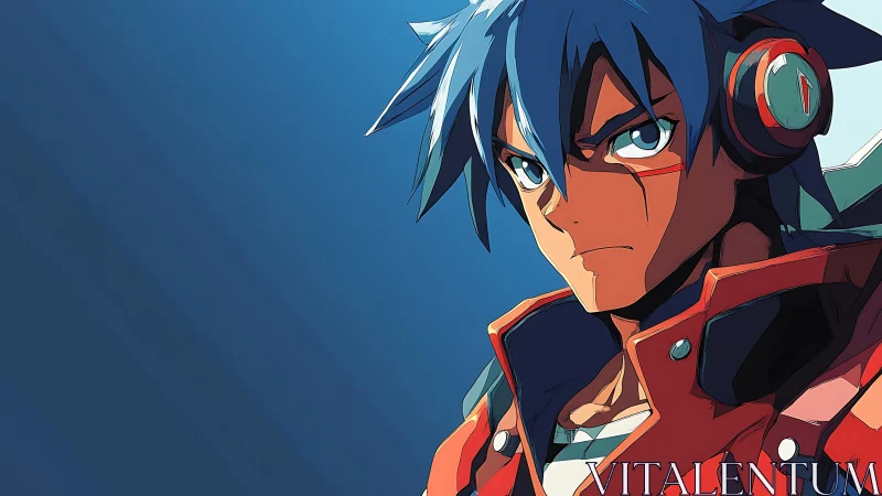 Blue-haired anime pilot rendered with bold cel-shaded lighting