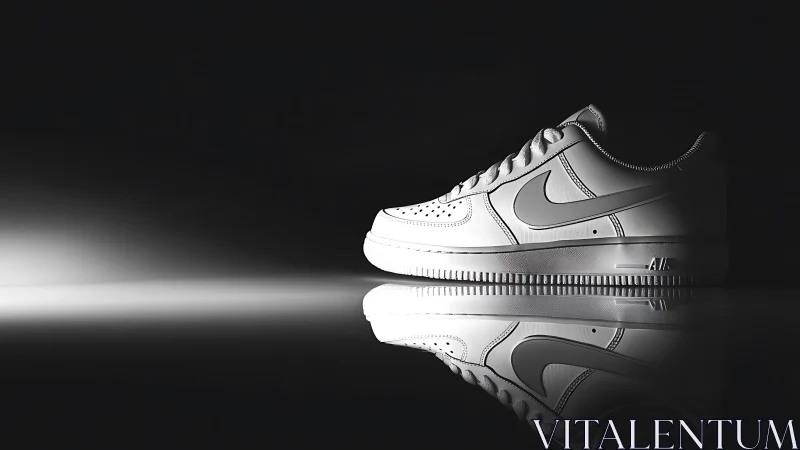 Studio-lit white sneaker with reflective surface and high contrast.