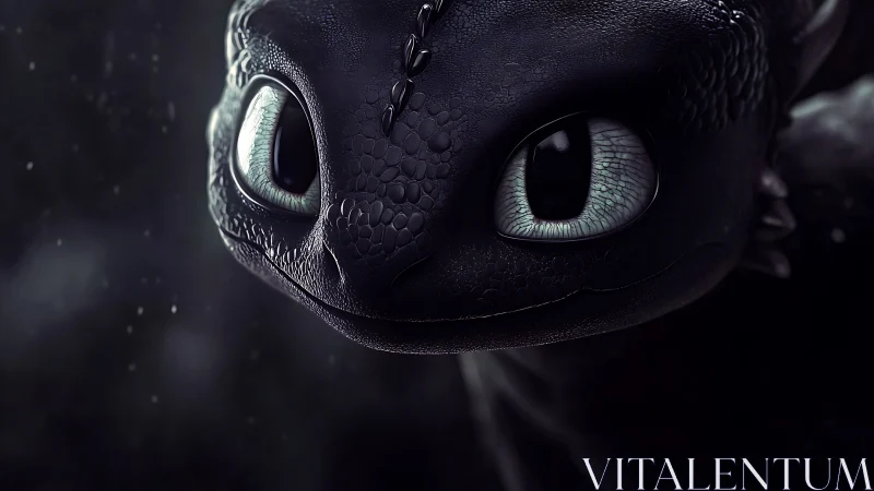 Gentle night dragon gazes forward with curious bright eyes