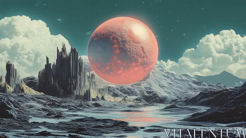 Digital painting of crimson planet above icy alien valley.