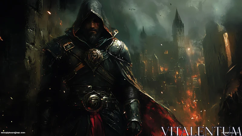 Hooded armored warrior stands before burning dark city.