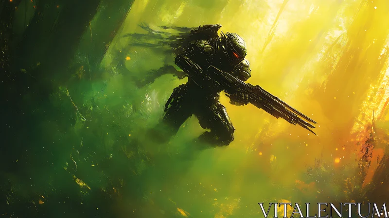 Armored cyborg sniper advancing through neon jungle fog.