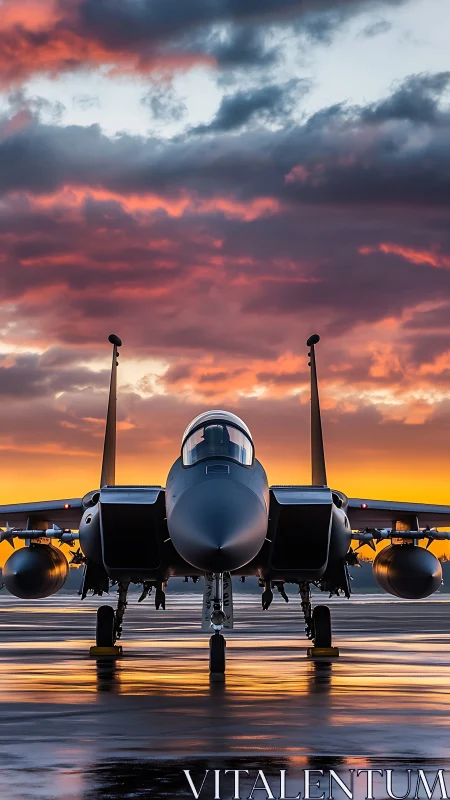 Front-view tactical jet on wet runway under high-contrast sunset