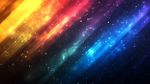 Diagonal multicolor light streaks with scattered particles.