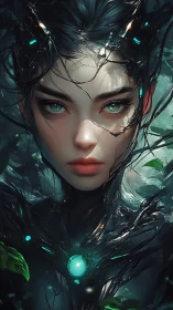 Cybernetic forest guardian with glowing teal eyes portrait.