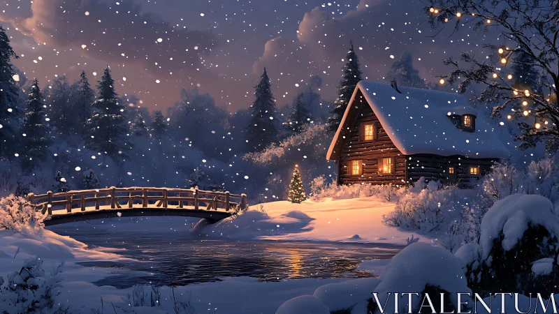 Snowflakes drift while a riverside cabin glows like memory