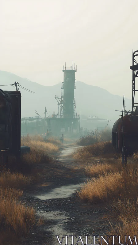 Post-industrial fog corridor with derelict tower infrastructure.