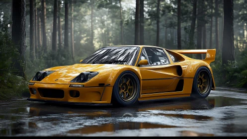 Track-bred yellow supercar in wet conifer forest environment.