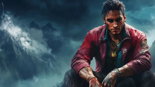 Brooding warrior in crimson jacket over misty alpine abyss.