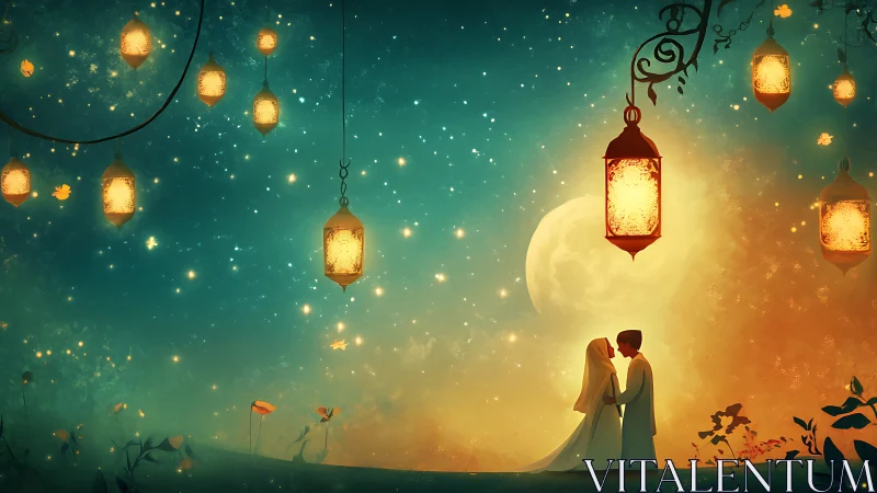 Two figures beneath suspended lanterns against full moon and twilight sky.