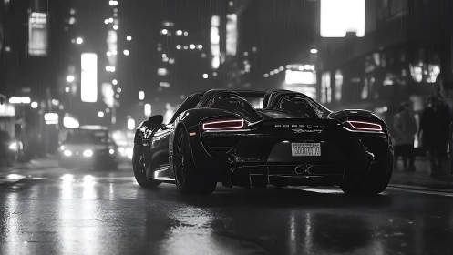 Black supercar accelerates through wet neon city street at night
