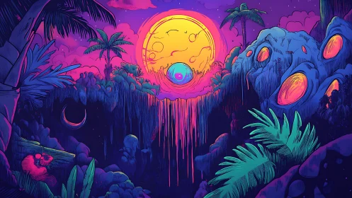Neon alien jungle under melting cosmic sunset portal.