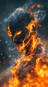 Charred humanoid figure engulfed in intense flames.